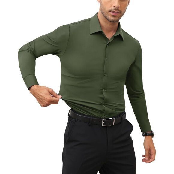 Men Grass Green Long Sleeve Slim Muscle Fit Wrinkle Free Button Down Dress Shirt - Picture 7 of 9